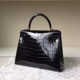 Hermes Kelly Crocodile Shiny Niloticus 28cm Noir 89