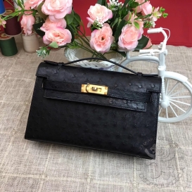 Hermes Kelly Pochette 22cm Ostrich Noir 89 PHS