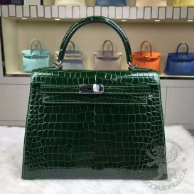 Hermes Kelly Crocodile Shiny Porosus 28cm Vert Foncé 67