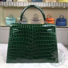 Hermes Kelly Crocodile Shiny Porosus 28cm Vert Foncé 67