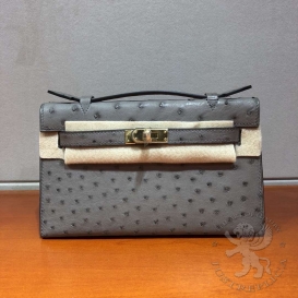 Hermes Kelly Pochette 22cm Ostrich Vert Gris FHS