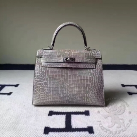 Hermes Kelly Crocodile Shiny Porosus 25cm Gris Tourterelle 81