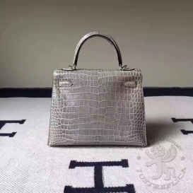 Hermes Kelly Crocodile Shiny Porosus 25cm Gris Tourterelle 81