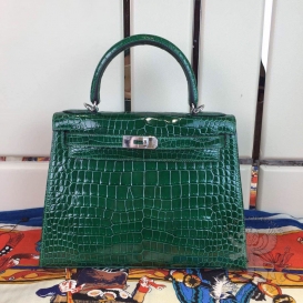 Hermes Kelly Crocodile Shiny Porosus 28cm Emerald