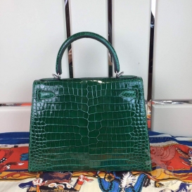 Hermes Kelly Crocodile Shiny Porosus 28cm Emerald
