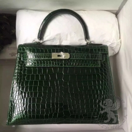Hermes Kelly Crocodile Shiny Porosus 28cm Vert Emeraude