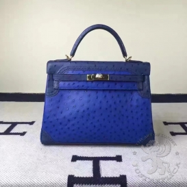 Hermes Kelly Ostrich 32cm Ghillies Electric Blue - Bleu saphir
