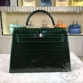 Hermes Kelly Crocodile Shiny Porosus 32cm Vert Foncé 67