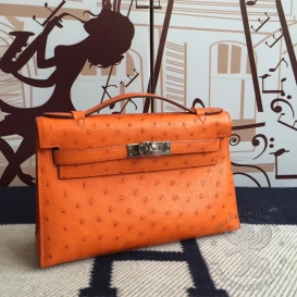Hermes Kelly Pochette 22cm Ostrich Orange 93 FHS