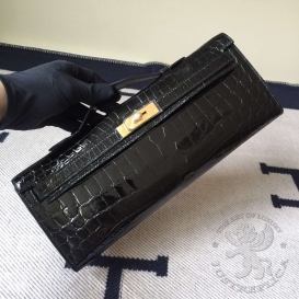 Hermes Kelly Cut Clutch 31cm Crocodile Shiny Niloticus Black