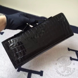 Hermes Kelly Cut Clutch 31cm Crocodile Shiny Niloticus Black