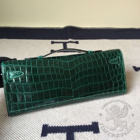 Hermes Kelly Cut Clutch Crocodile Shiny Niloticus Vert Foncé