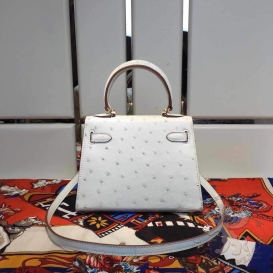 Hermes Kelly Ostrich 20cm White GHW