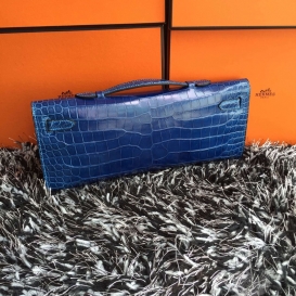 Hermes Kelly Cut Clutch Crocodile Shiny Porosus Blue