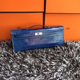 Hermes Kelly Cut Clutch Crocodile Shiny Porosus Blue