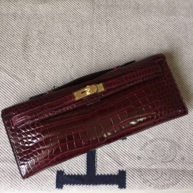 Hermes Kelly Cut Clutch Crocodile Shiny Porosus Bordeaux 57