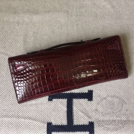 Hermes Kelly Cut Clutch Crocodile Shiny Porosus Bordeaux 57