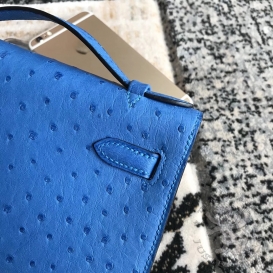 Hermes Kelly Pochette 22cm Ostrich Bleu Hydra T7 FHS