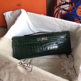 Hermes Kelly Cut Clutch Crocodile Shiny Porosus Dark Green