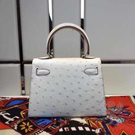 Hermes Kelly Ostrich 20cm White PHW