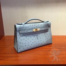 Hermes Kelly Pochette 22cm Ostrich Bleu Glacier 8U FHS