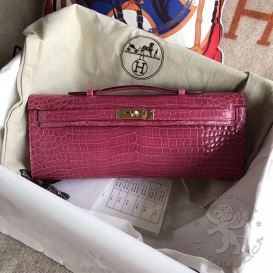 Hermes Kelly Cut Clutch Crocodile Shiny Porosus Fuchsia 5J