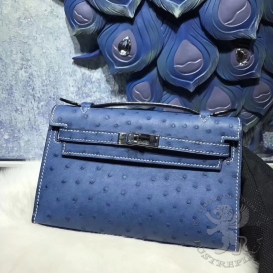 Hermes Kelly Pochette 22cm Ostrich Bleu Brighton 7E FHS