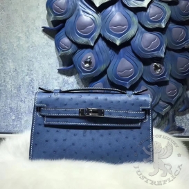 Hermes Kelly Pochette 22cm Ostrich Bleu Brighton 7E FHS
