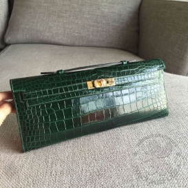 Hermes Kelly Cut Clutch Crocodile Shiny Porosus Green