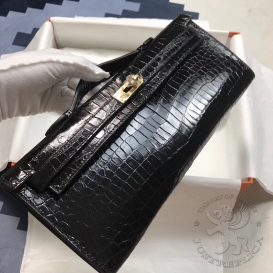 Hermes Kelly Cut Clutch Crocodile Shiny Porosus Noir
