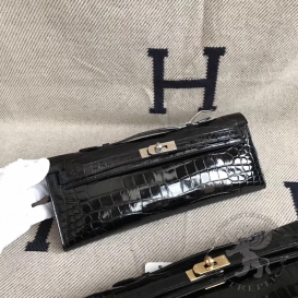 Hermes Kelly Cut Clutch Crocodile Shiny Porosus Noir 89
