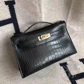 Hermes Kelly Pochette 22cm Crocodile Alligator Matte Black