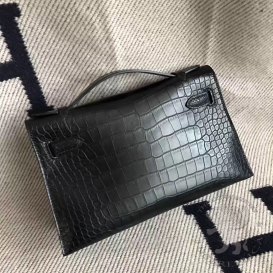 Hermes Kelly Pochette 22cm Crocodile Alligator Matte Black